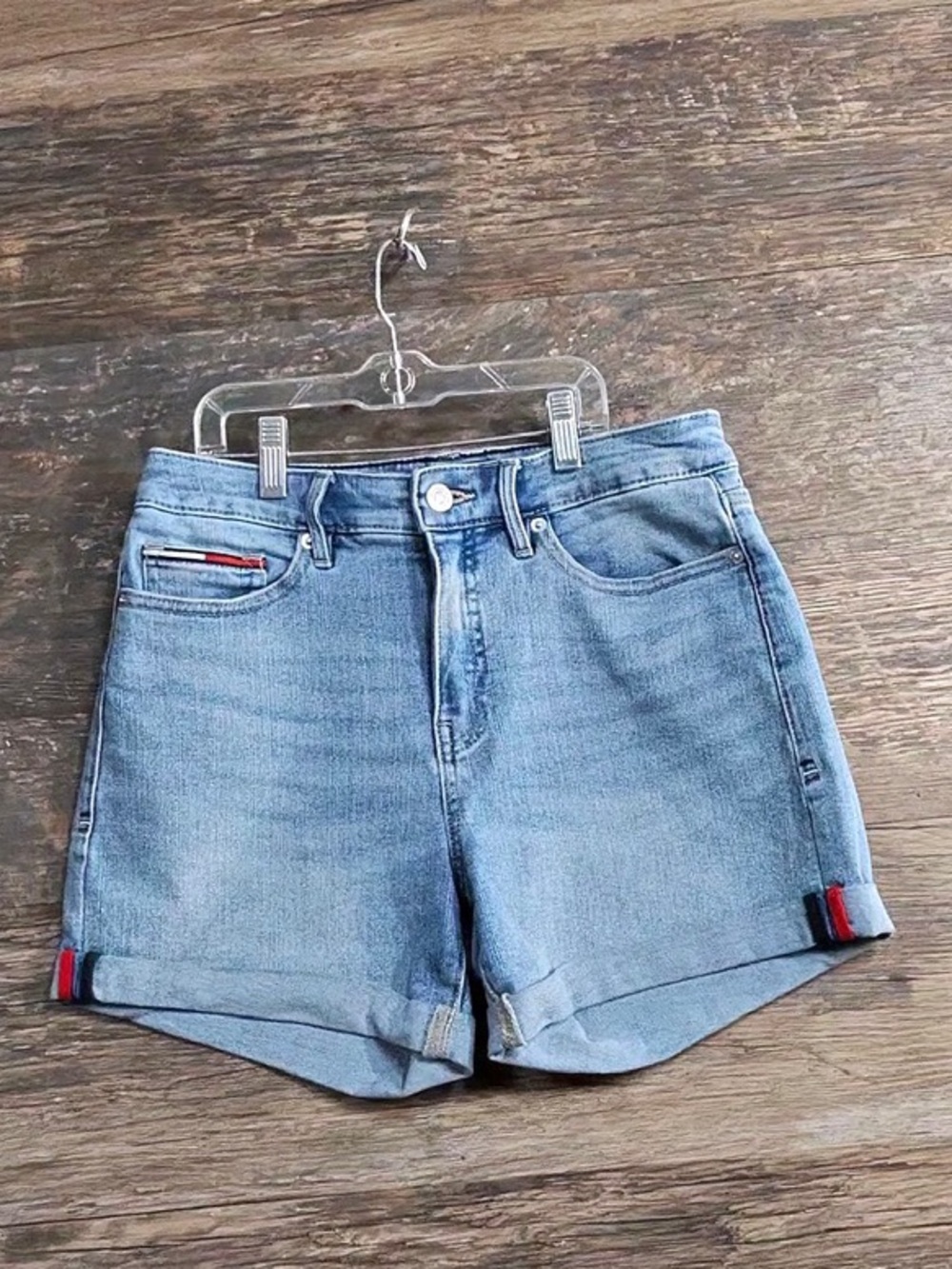 Tommy Hilfiger Light Wash Denim Shorts with Red Accent